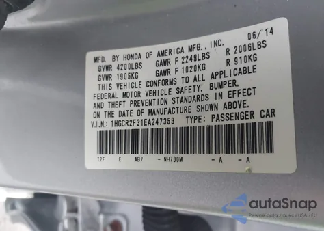 2014 Honda Accord Lx from USA, damaged, VIN 1HGCR2F31EA247353